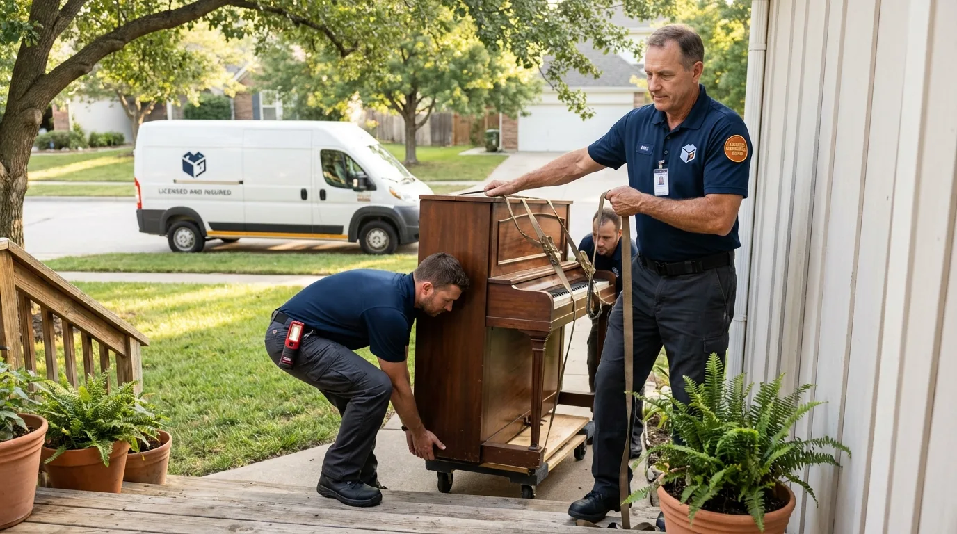 Licensed piano movers securing grand piano in Kathleen, FL