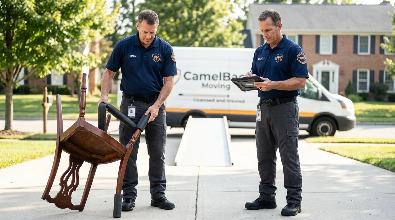 Movers inspecting furniture for damage prevention before loading in Kathleen, FL