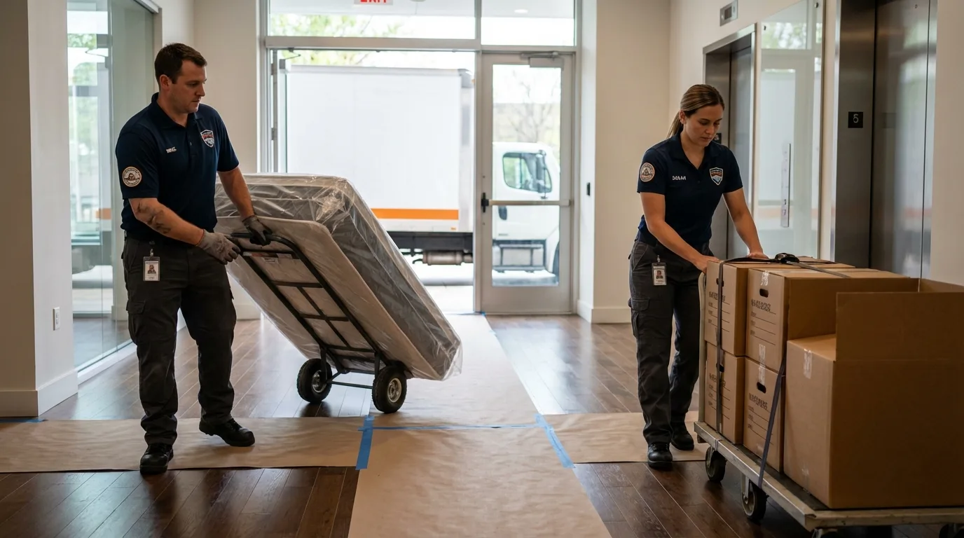 Professional apartment movers loading elevator in Kathleen, FL