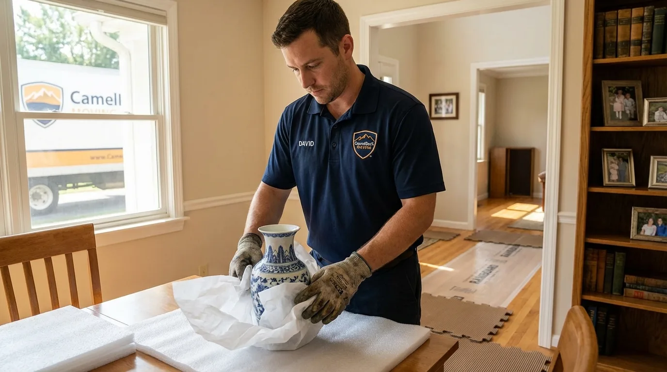 Professional crew carefully wrapping antique vase for senior downsizing move in Kathleen, FL